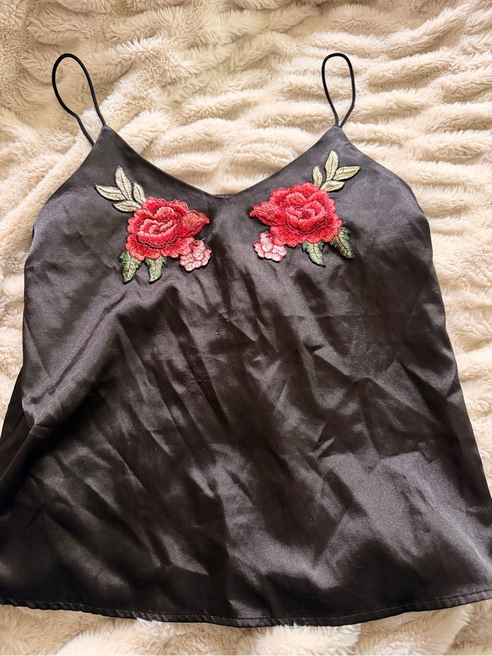 H&M Black Satin Cami with Red Rose Embroidery